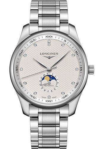 Longines Master Collection Moon Phase Watch - 42 mm Steel Case - Silver Barleycorn Diamond Dial - Bracelet - L2.919.4.77.6