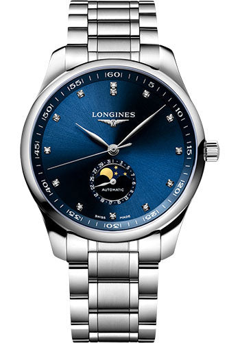 Longines Master Collection Moon Phase Automatic Watch - 42 mm Steel Case - Blue Diamond Dial - Bracelet - L2.919.4.97.6