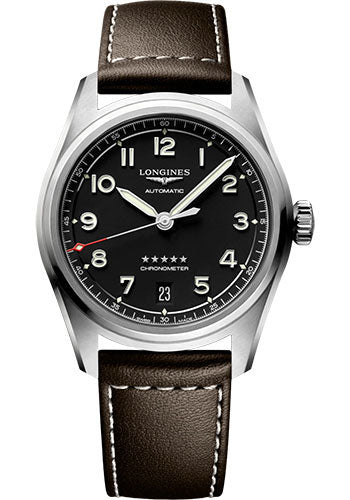 Longines Spirit Automatic Watch - 37 mm Steel Case - Black Arabic Dial - Brown Leather Strap - L3.410.4.53.0