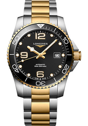 Longines HydroConquest Automatic Watch - 41 mm Steel And Ceramic Case - Black Arabic Dial - Steel And Yellow PVD Bracelet - L3.781.3.56.7