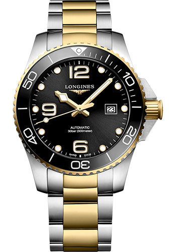 Longines HydroConquest Automatic Watch - 43 mm Steel And Ceramic Case - Black Arabic Dial - Steel And Yellow PVD Bracelet - L3.782.3.56.7