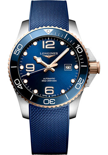 Longines HydroConquest Automatic Watch - 43 mm Steel And Ceramic Case - Blue Arabic Dial - Blue Rubber Strap - L3.782.3.98.9