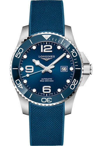 Longines HydroConquest Automatic Watch - 43 mm Steel And Ceramic Case - Blue Arabic Dial - Rubber Strap - L3.782.4.96.9