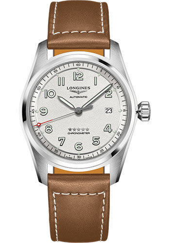 Longines Spirit Automatic Watch - 40 mm Steel Case - Silver Arabic Dial - Brown Leather Strap - L3.810.4.73.2