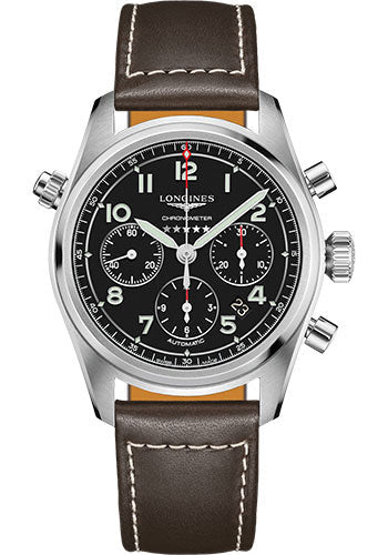 Longines Spirit Chronograph Automatic Watch - 42 mm Steel Case - Black Arabic Dial - Brown Leather Strap - L3.820.4.53.0