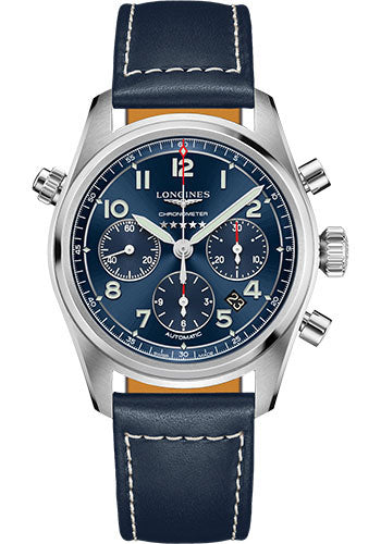 Longines Spirit Chronograph Automatic Watch - 42 mm Steel Case - Blue Arabic Dial - Blue Leather Strap - L3.820.4.93.0