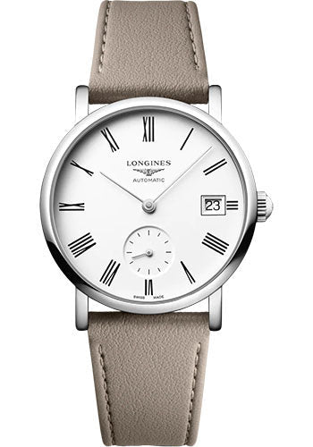 Longines Elegant Collection Small Seconds Automatic Watch - 34.5 mm Steel Case - White Roman Dial - Beige Strap - Vegetable Material Bracelet - L4.312.4.11.2