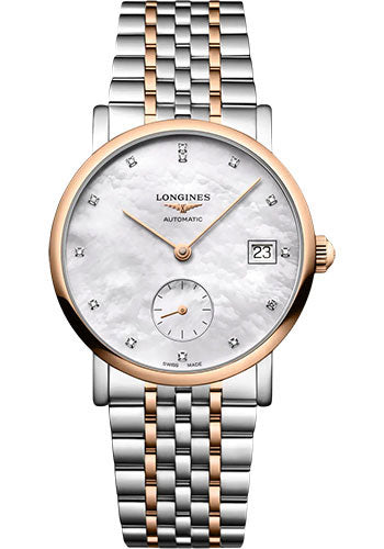 Longines Elegant Collection Small Seconds Automatic Watch - 34.5 mm Steel And Pink Gold Case - White Mother-Of-Pearl Diamond Dial - Steel And Pink Gold Cap 200 Bracelet - L4.312.5.87.7