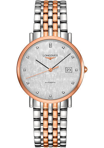 Longines Elegant Collection Automatic Watch - 37 mm Steel And Pink Gold Case - Striped Silver Diamond Dial - Steel And Pink Gold Cap 200 Bracelet - L4.810.5.77.7