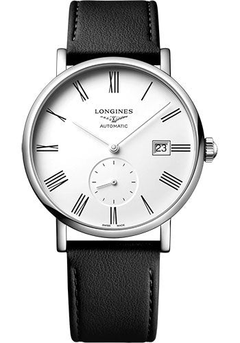 Longines Elegant Collection Small Seconds Automatic Watch - 39 mm Steel Case - White Roman Dial - Black Strap - Vegetable Material Bracelet - L4.812.4.11.0