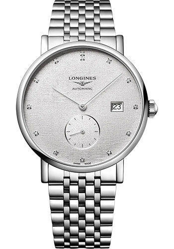 Longines Elegant Collection Small Seconds Automatic Watch - 39 mm Steel Case - Striped Silver Diamond Dial - Bracelet - L4.812.4.77.6