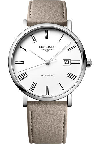 Longines Elegant Collection Automatic Watch - 41 mm Steel Case - White Roman Dial - Beige Strap - Vegetable Material Bracelet - L4.911.4.11.0