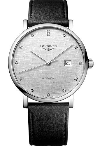 Longines Elegant Collection Automatic Watch - 41 mm Steel Case - Striped Silver Diamond Dial - Black Strap - Vegetable Material Bracelet - L4.911.4.77.2