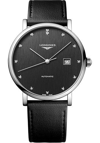 Longines Elegant Collection Automatic Watch - 41 mm Steel Case - Anthracite Diamond Dial - Black Synthetic Strap - L4.911.4.78.2