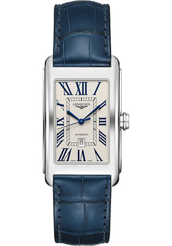 Longines DolceVita Automatic Watch - 28.20 X 47 mm Steel Case - Silver FlinquŽ Roman Dial - Blue Alligator Strap - L5.767.4.71.9