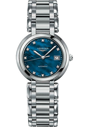 Longines PrimaLuna Automatic Watch - 30 mm Steel Case - Blue Mother-Of-Pearl Diamond Dial - Bracelet - L8.113.4.98.6