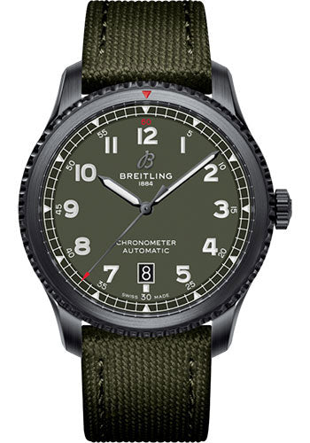 Breitling Aviator 8 Automatic 41 Black Steel Curtiss Warhawk Watch - Black steel - Green Dial - Green Kaki Leather Strap - Tang Buckle - M173152A1L1X1