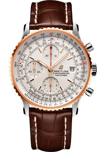 Breitling Navitimer Chronograph 41 Watch - Steel & Red Gold - Mercury Silver Dial - Brown Alligator Strap - Folding Buckle - U13324211G1P2