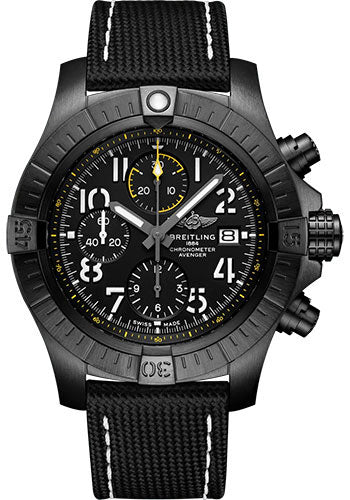 Breitling Avenger Chronograph 45 Night Mission Watch - DLC-Coated Titanium - Black Dial - Anthracite Calfskin Leather Strap - Tang Buckle - V13317101B1X1