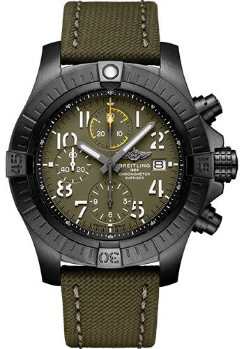 Breitling Avenger Chronograph 45 Night Mission Watch - DLC-Coated Titanium - Green Dial - Khaki Green Calfskin Leather Strap - Folding Buckle - V13317101L1X2