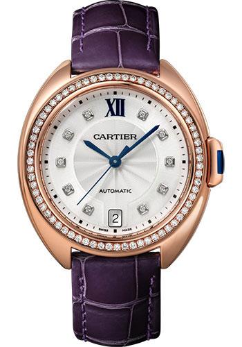 Cartier Cle de Cartier Watch - 35 mm Pink Gold Diamond Case - Diamond Bezel - Silvered Flinque Dial - Aubergine Alligator Strap - WJCL0039