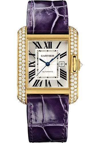 Cartier Tank Anglaise Watch - 39.2 mm Yellow Gold Diamond Case - Silvered Dial - Aubergine Alligator Strap - WT100017