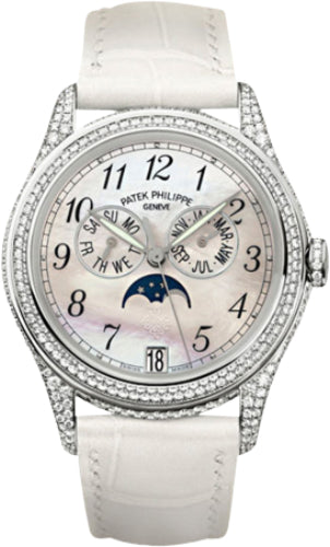 Patek Philippe Complications Ladies Annual Calendar Moon Phase 37mm White Mother of Pearl Arabic White Gold Diamond Set Leather Date | 4937G-001