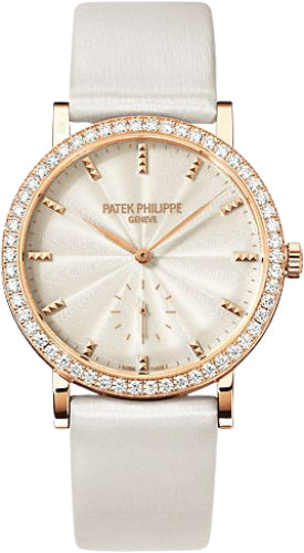 Patek Philippe Calatrava Ladies 31mm Cream Guillouche Diamond Bezel Rose Gold Leather Manual | 7120R-001