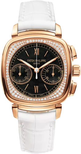 Patek Philippe Complications Ladies Chronograph 35 x 39mm Black Guilloche Roman Rose Gold Diamond Set Leather Manual | 7071R-010