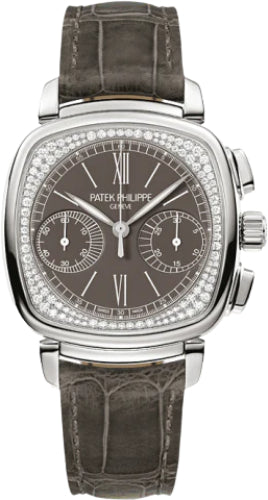 Patek Philippe Complications Ladies Chronograph 35 x 39mm Grey Opaline Roman White Gold Diamond Set Leather Manual | 7071G-010