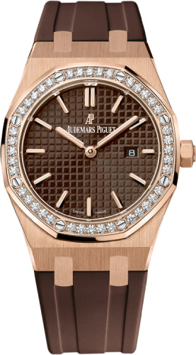 Audemars Piguet Royal Oak Quartz Ladies Rose Gold Brown Index Diamond Bezel 33mm Rubber | 67651OR.ZZ.D080CA.01